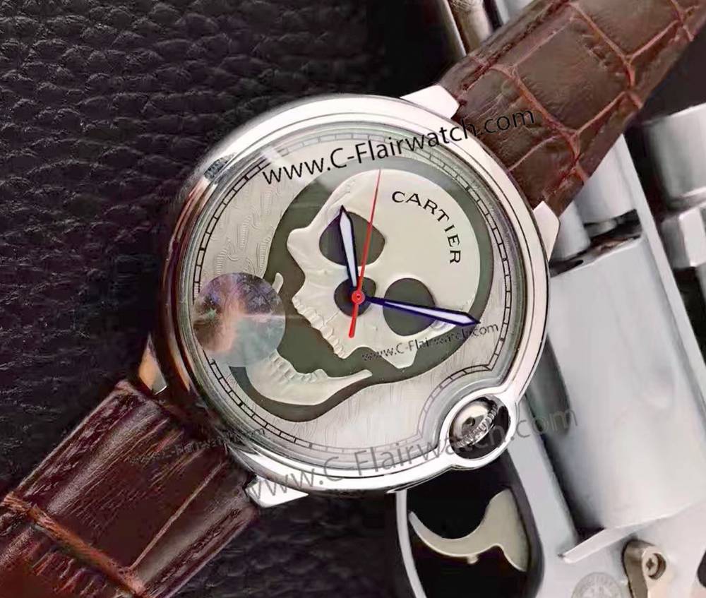 Ballon Bleu Cartier Skull Watch SS Brown Leather Strap